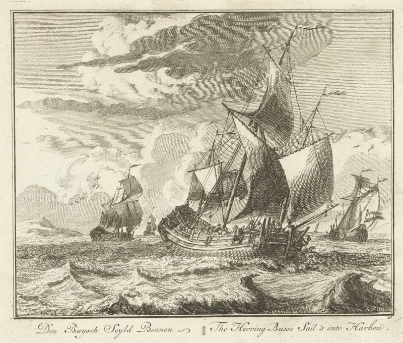 Prent van een haringbuis op de Noordzee in de 18de eeuw