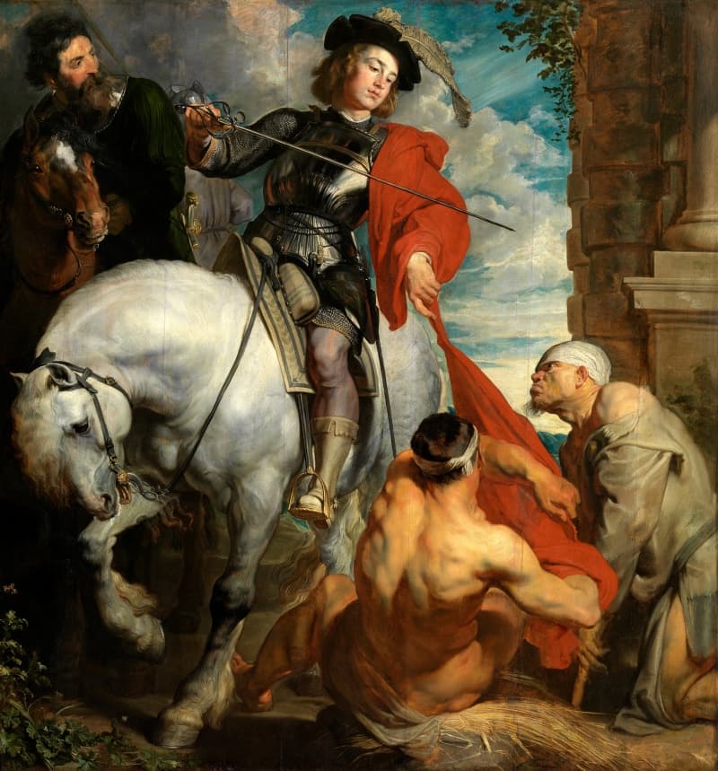 De geharnaste Heilige Martinus te paard snijdt met zijn zwaard een stuk van zijn rode mantel af voor een bedelaar