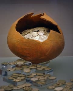 Aardewerken pot met Romeinse zilveren munten